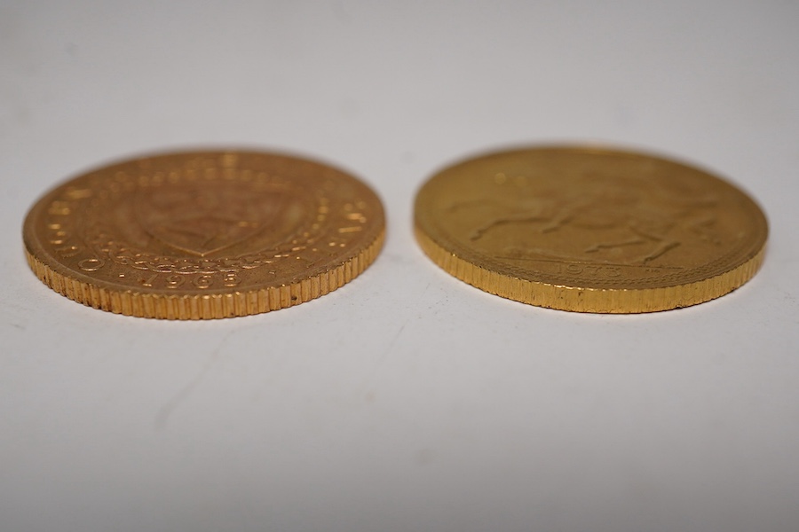 Isle of Man gold coins, Elizabeth II, two gold sovereigns, 1973, UNC, 1965, Bicentenary of the Revestment Act, dent to edge otherwise UNC